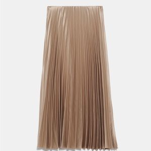 Zara Champagne Pleated Satin Midi Skirt